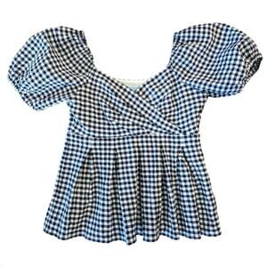 Draper James Women’s Gingham Puff Sleeve Peplum Top Blue White Blouse Size L